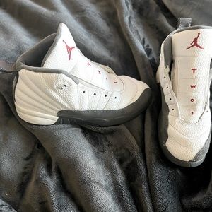 JORDANS - Boy’s size 3 - white, grey, and a speckle of red.